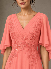 V-Neck Chiffon Lace Mother of the Bride Dress with Flutter Sleeves