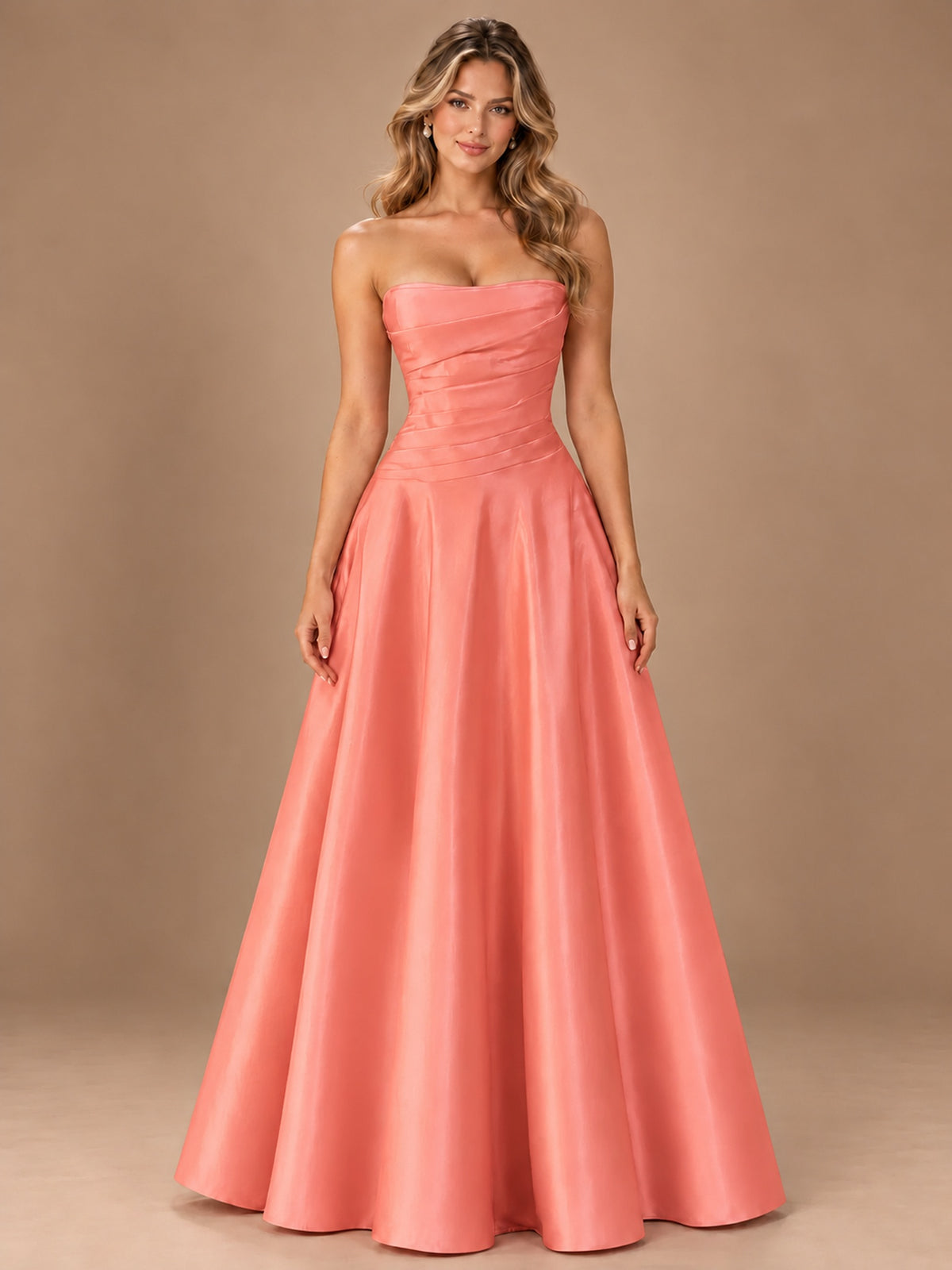 Blush Pink Strapless Satin A-Line Prom Dress with Ruched Bodice