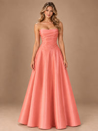 Blush Pink Strapless Satin A-Line Prom Dress with Ruched Bodice