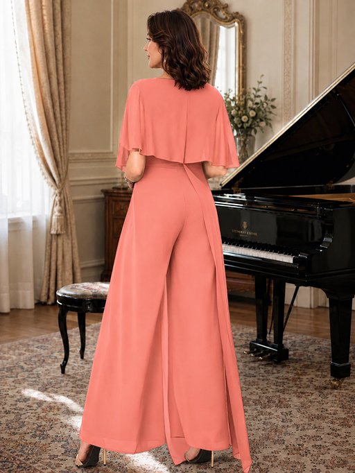 Chiffon Mother of the Bride Jumpsuit with Layered Cape Sleeves