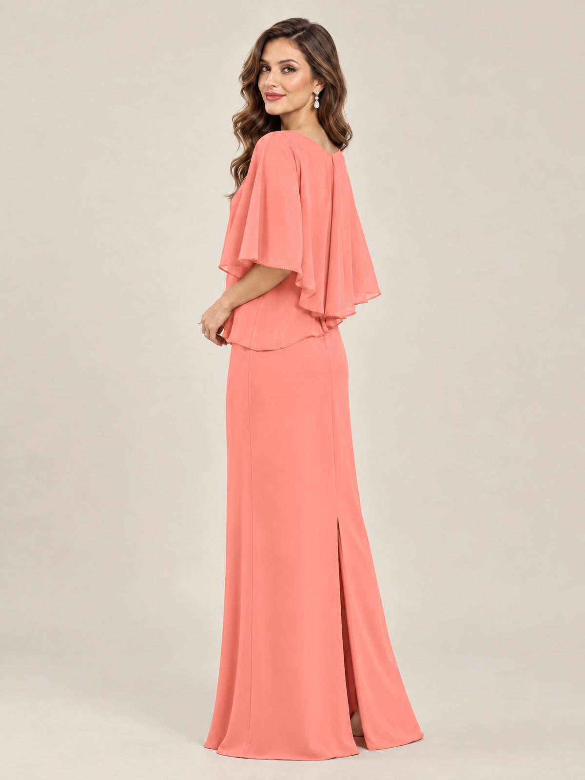 Cape Sleeve Mother of the Bride Dress with Asymmetrical Overlay