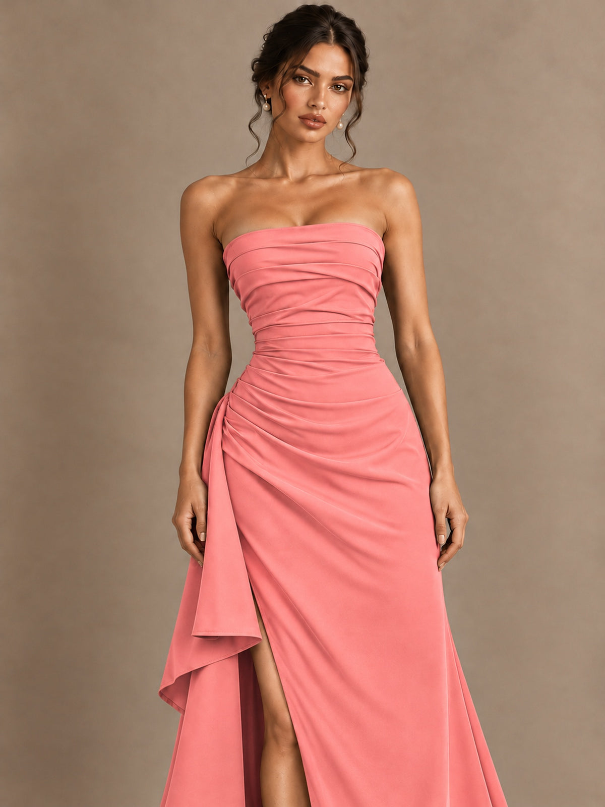 Black and White Strapless Ruched Prom Dress with High Slit & Side Drape