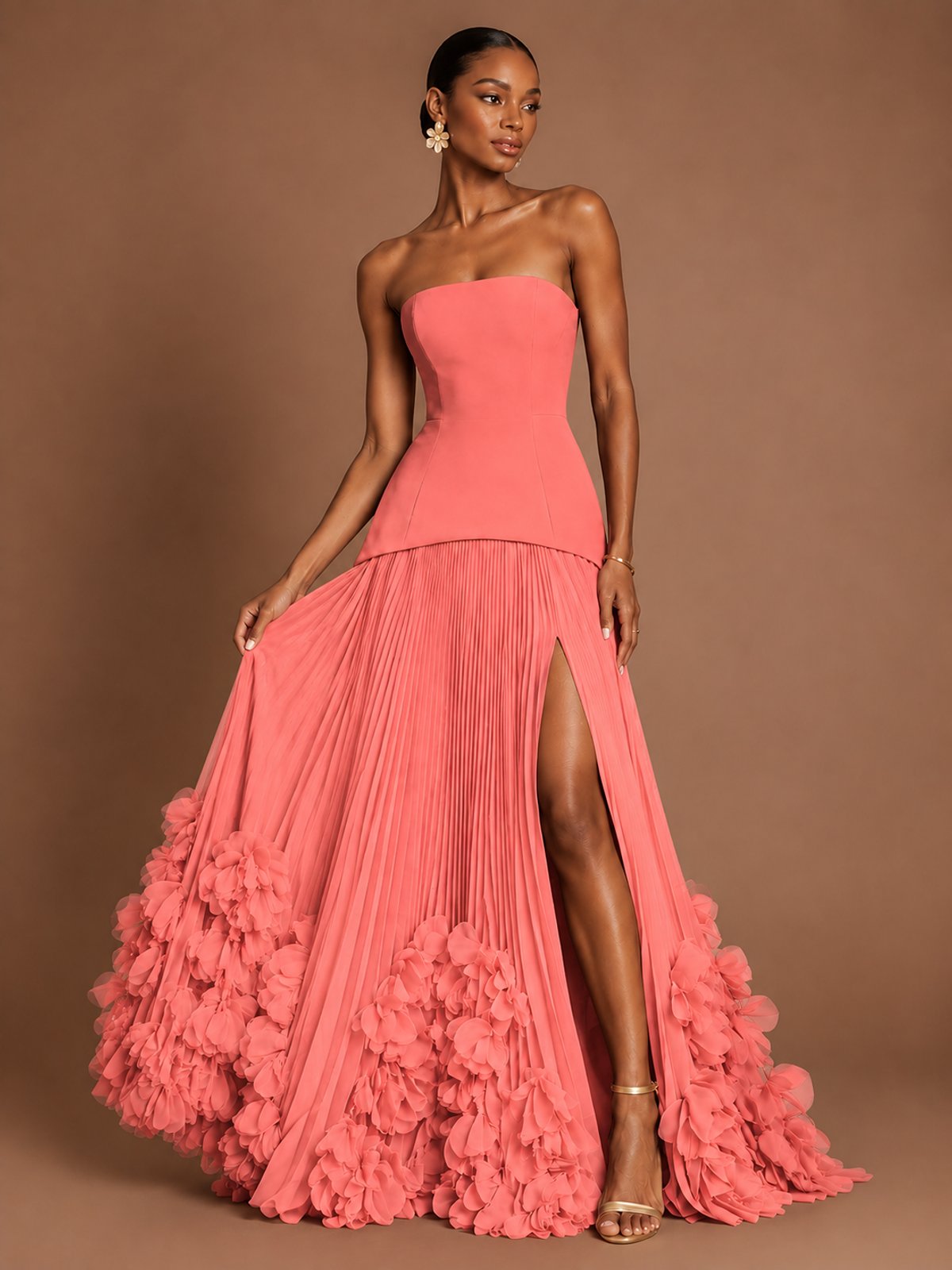 Strapless Pleated Floral Satin Formal Dress with Side Slit