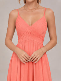 V-Neck Pleated Chiffon Long Bridesmaid Dress with Slit