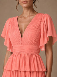 Chiffon V-Neck Tiered Ruffle Bridesmaid Dress with Slit