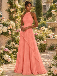 Wrap Pleated Prom Dress Halter A-line Chiffon Formal Wedding Dress
