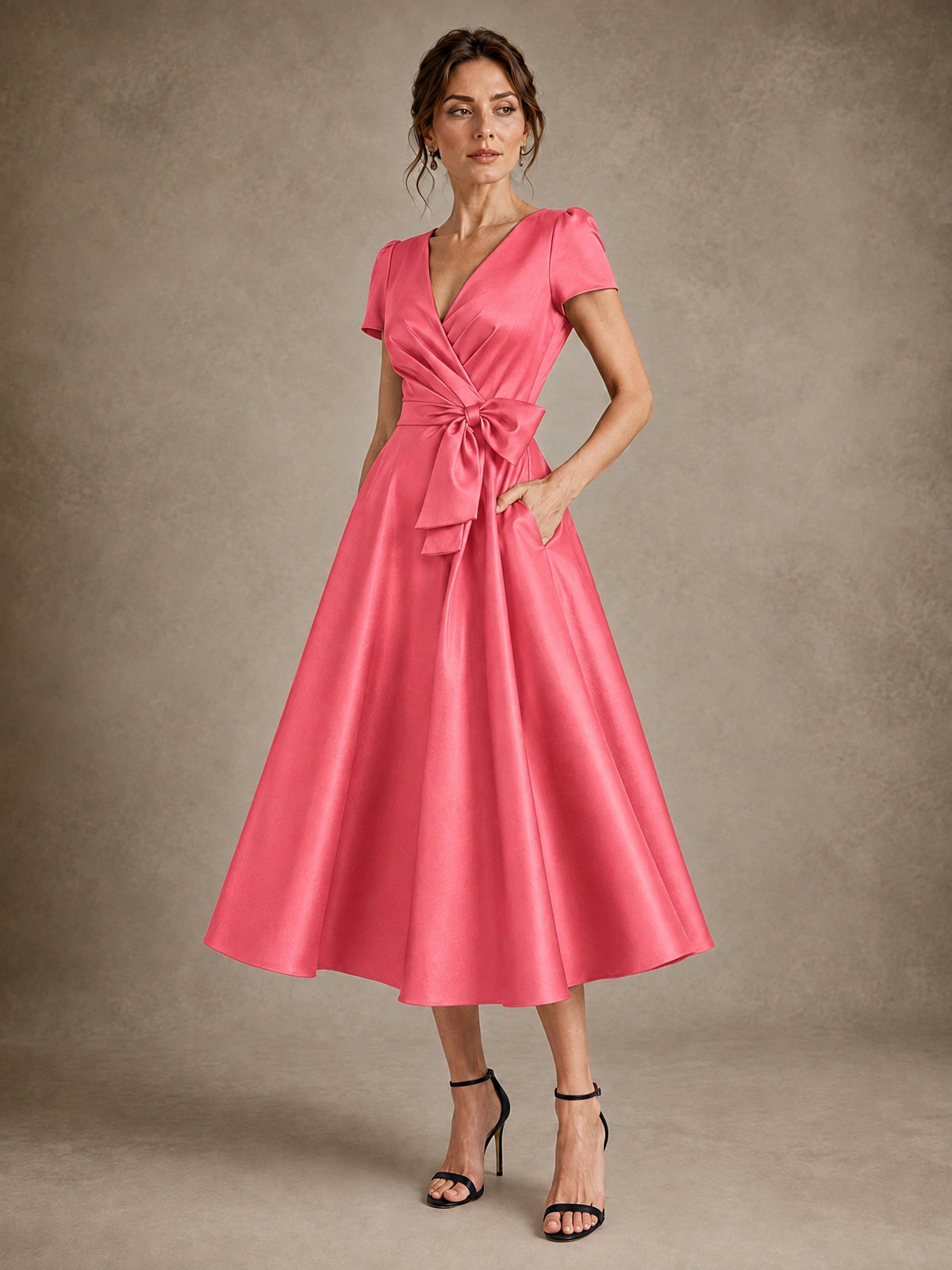 V-Neck Tea-Length Satin Mother of the Bride Dress with Bow