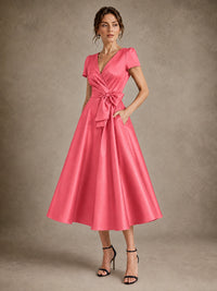 V-Neck Tea-Length Satin Mother of the Bride Dress with Bow