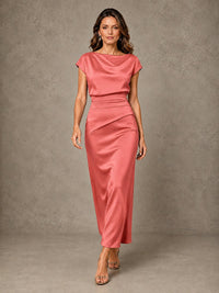 Cowl Neck Satin Mother of the Bride Dress with Ruched Waist