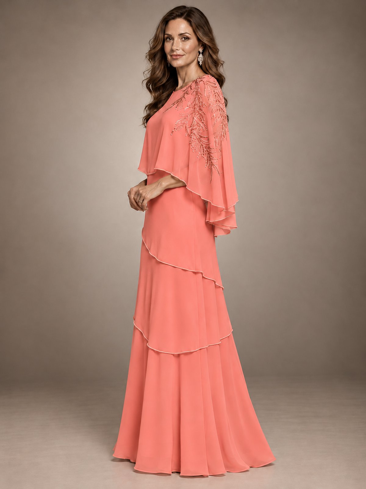 Elegant Chiffon Cape Sleeve Beaded Mother of the Bride Dress