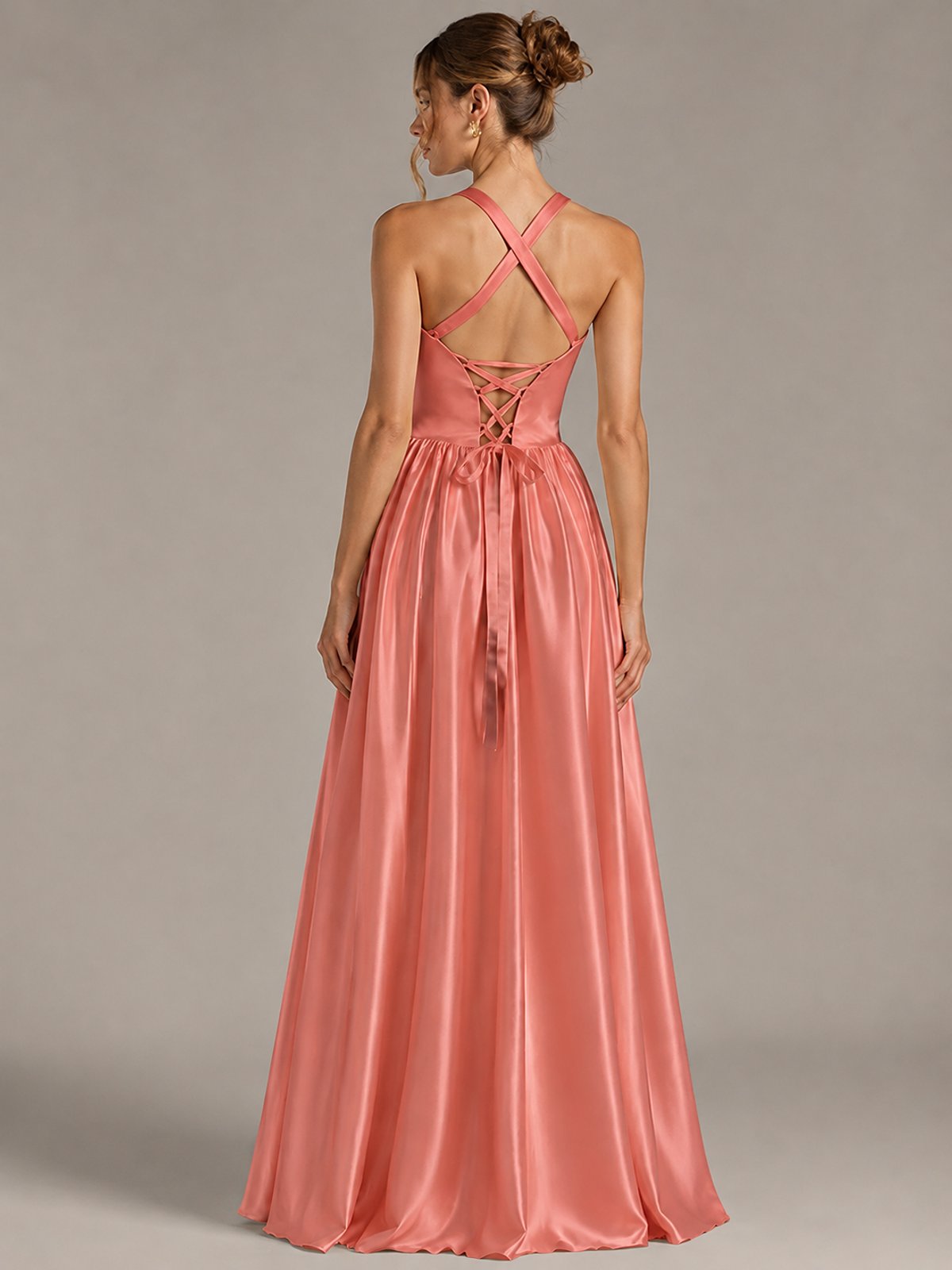 Light Yellow Halter Neck Satin A-Line Maxi Dress with Pockets