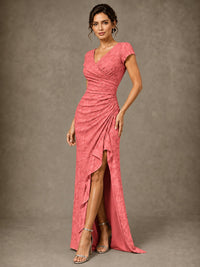 V-Neck Floral Jacquard Mother of the Bride Dress with Slit