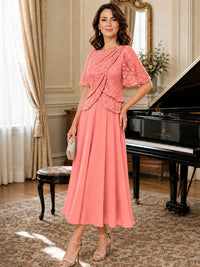 Tea-Length Chiffon Mother of the Bride Dress with Sequin Lace Sleeves