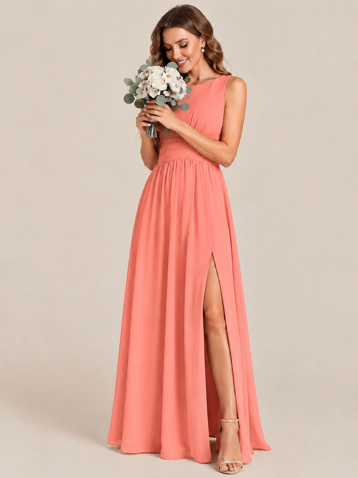 A-line Sleeveless Rucehd Chiffon Bridesmaid Dress with High Slit