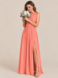 A-line Sleeveless Rucehd Chiffon Bridesmaid Dress with High Slit