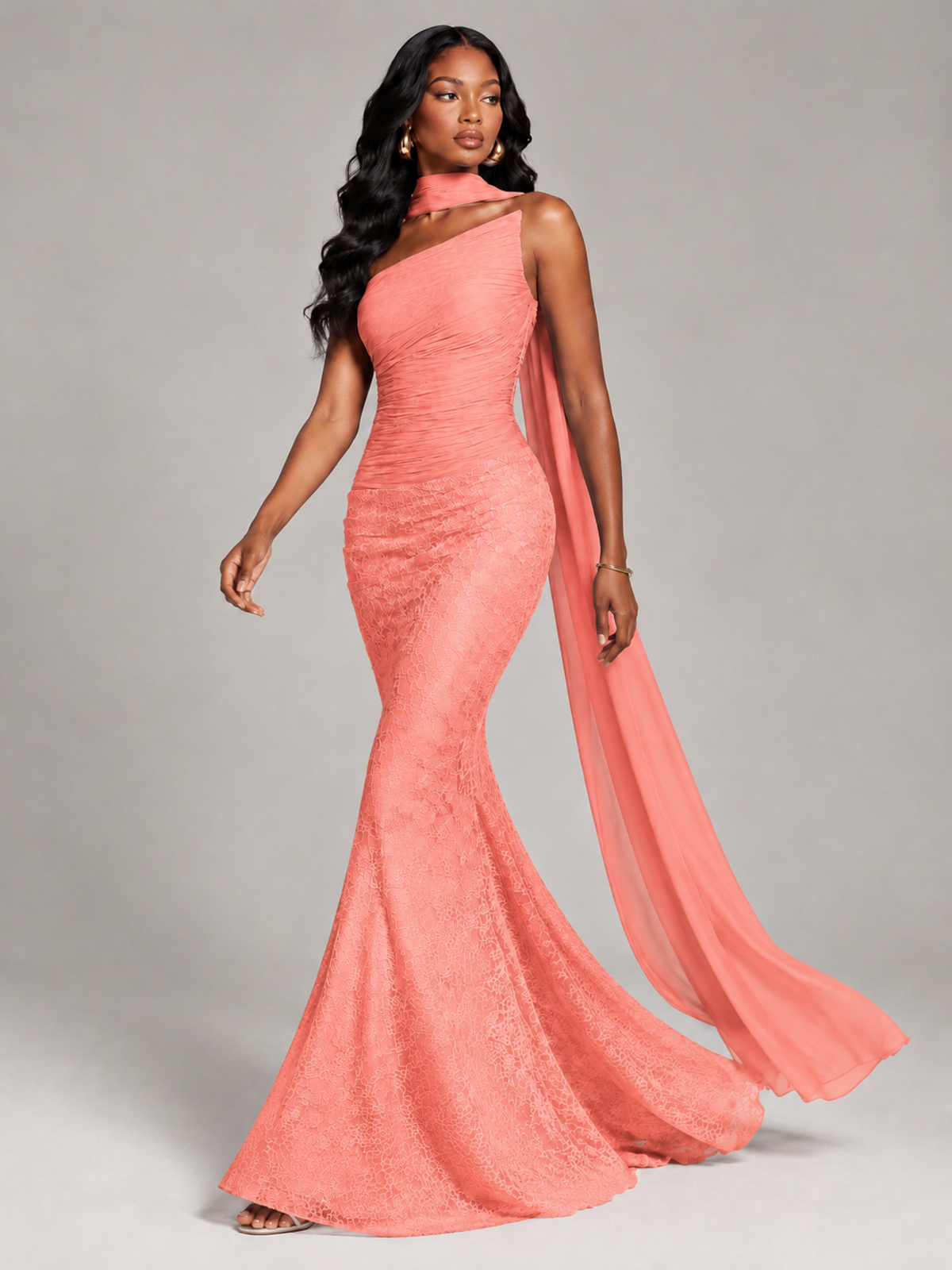 Pleated Chiffon Lace Prom Dresses Long Bodycon Mermaid with Scarf