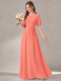 Scoop Neck A-line Chiffon Bridesmaid Dress with Flutter Sleeve & Belt