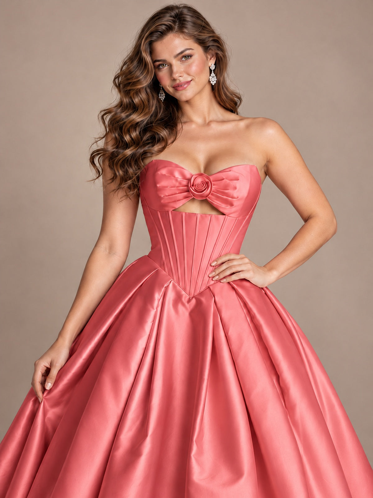 Pink Strapless Corset Satin Prom Derss & Ball Gown with 3D Floral