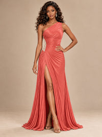 Burgundy One Shoulder Ruched Prom Dress with High Slit & Beaded Waist