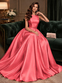 Satin A-Line Prom Dress Sleeveless Beaded Waist Formal Gown with Pockets