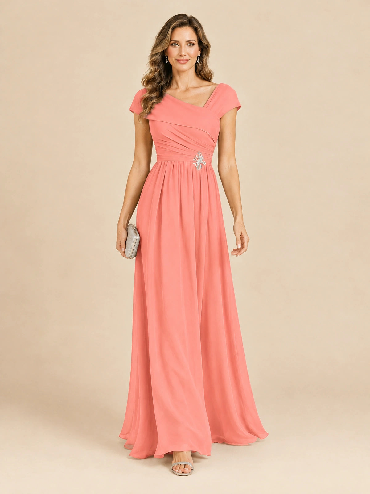 Cap Sleeve Mother of The Bride Dresses Long Chiffon Formal Gowns