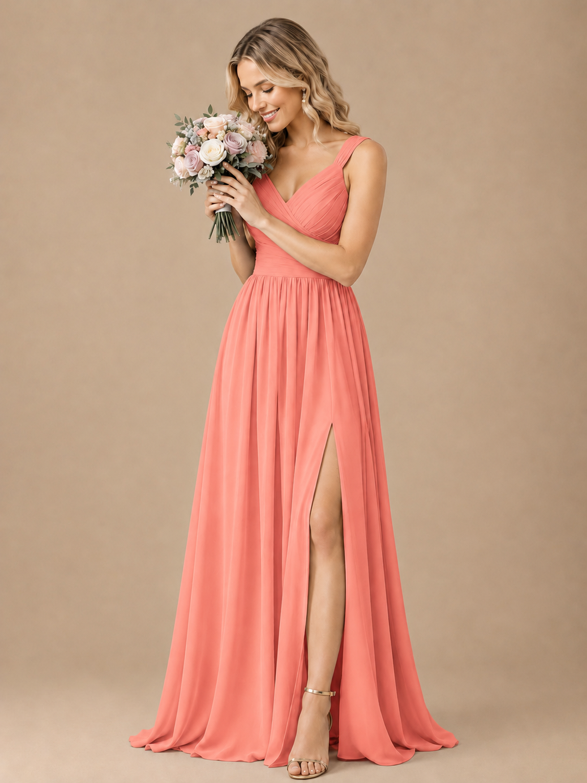 Pleated Chiffon V Neck Wedding Bridesmaid Dresses Floor Length with Slit