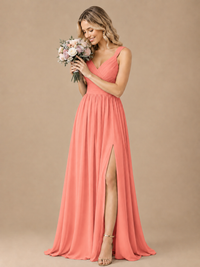 Pleated Chiffon V Neck Wedding Bridesmaid Dresses Floor Length with Slit