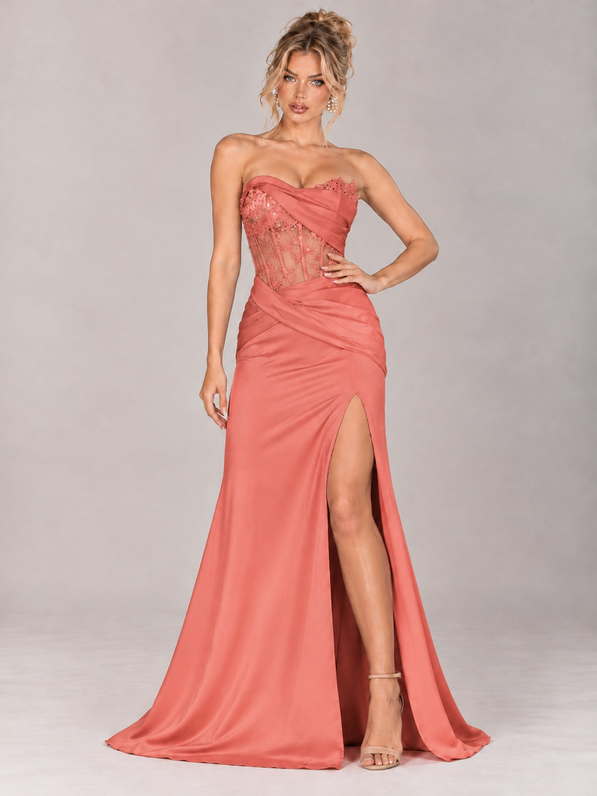 Strapless Satin Prom Dress with Sheer Lace Corset & High Slit