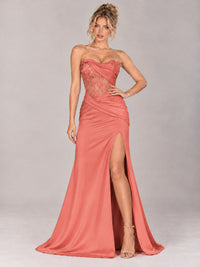 Strapless Satin Prom Dress with Sheer Lace Corset & High Slit