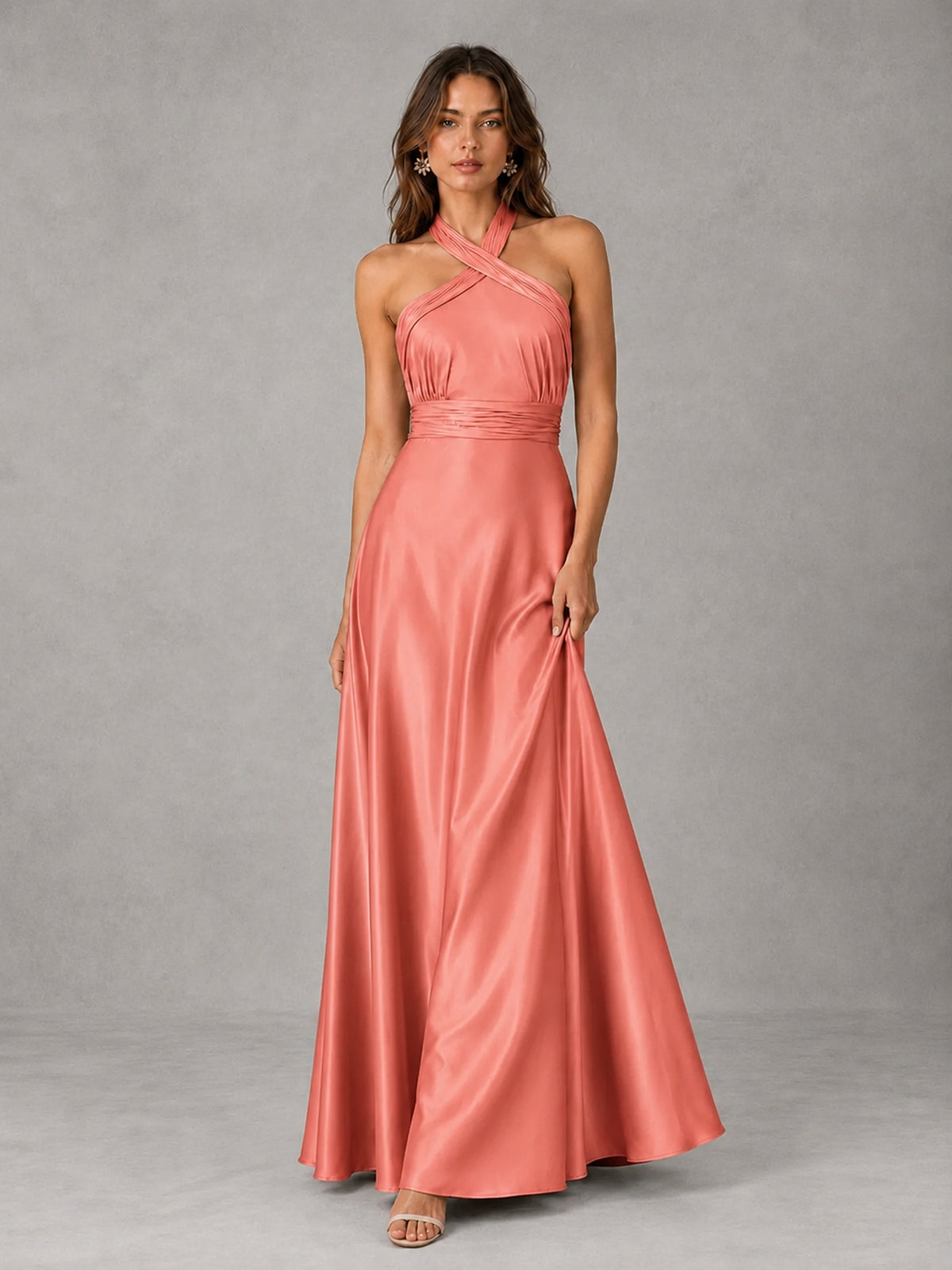 Sage Green Satin A-Line Bridesmaid Dress with Halter Neck