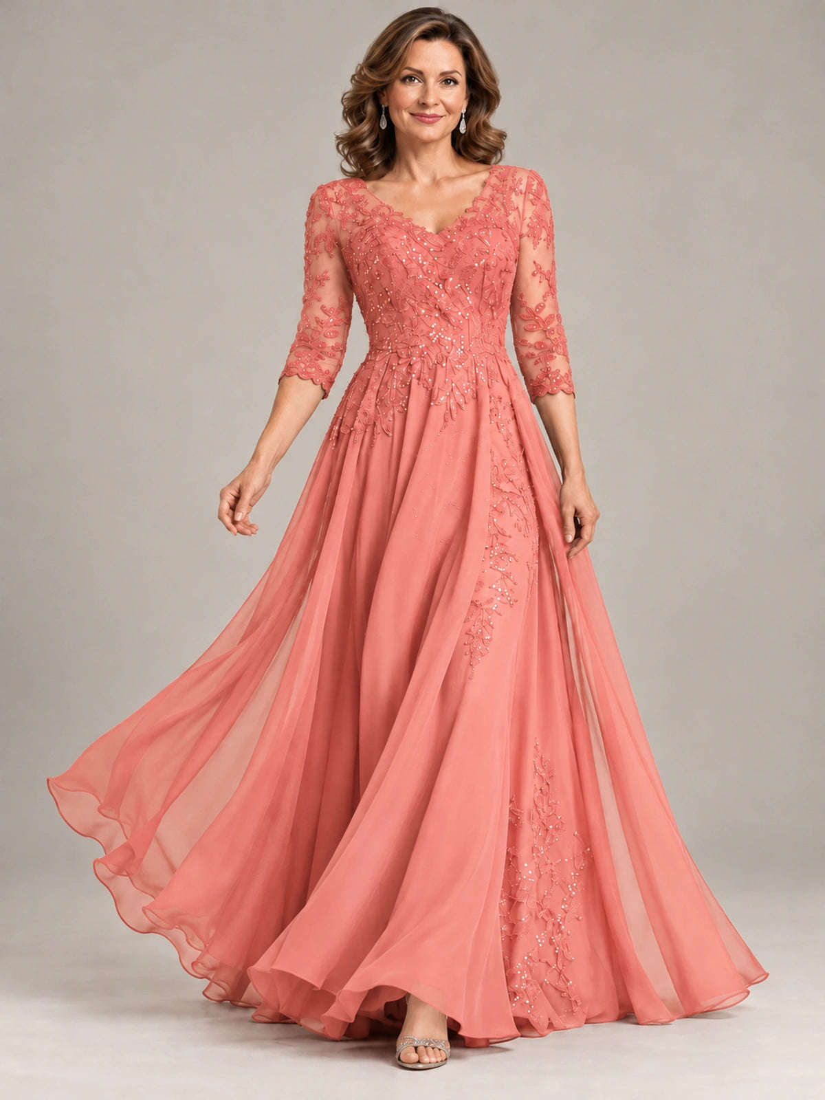 Sequin Lace A-Line Mother of the Bride Dress with 3/4 Sleeves