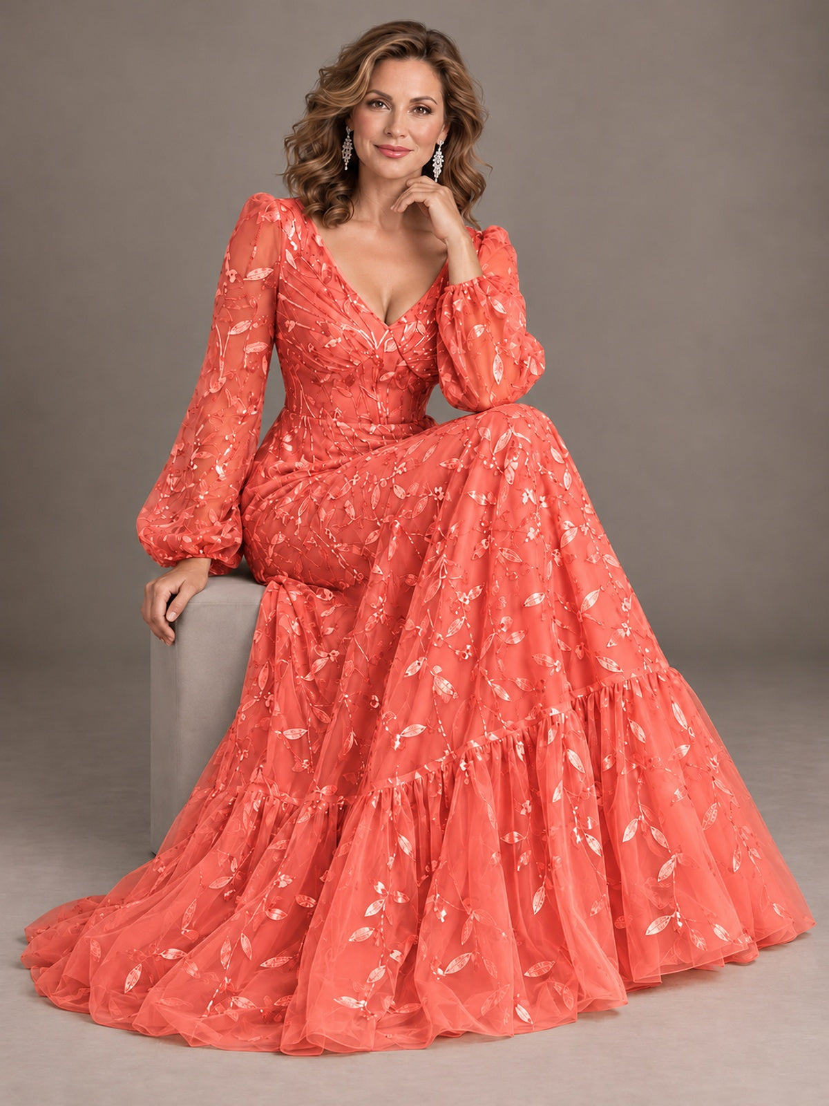 Floral Sequin Embroidered A-Line Mother of the Bride Dress with Long Sleeves