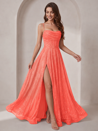 Sparkly Cowl Neck Corset Long Prom Dress with Slit A-line Tulle Ball Gown
