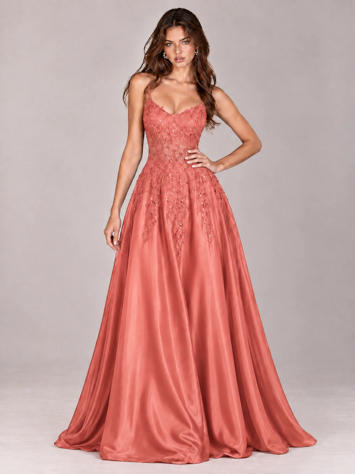 Lace Applique Satin A-Line Prom Dress with Sheer Bodice