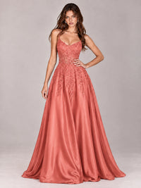 Lace Applique Satin A-Line Prom Dress with Sheer Bodice