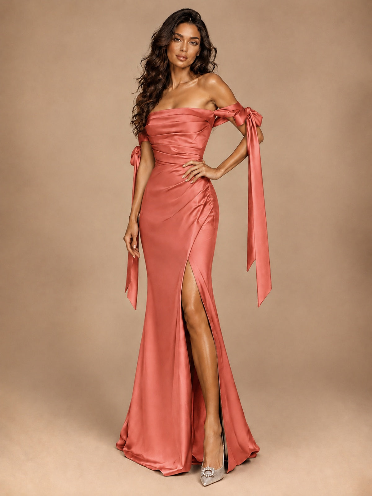 Off The Shuolder Satin Prom Dress Slit Mermaid Formal Gowns