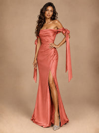 Off The Shuolder Satin Prom Dress Slit Mermaid Formal Gowns