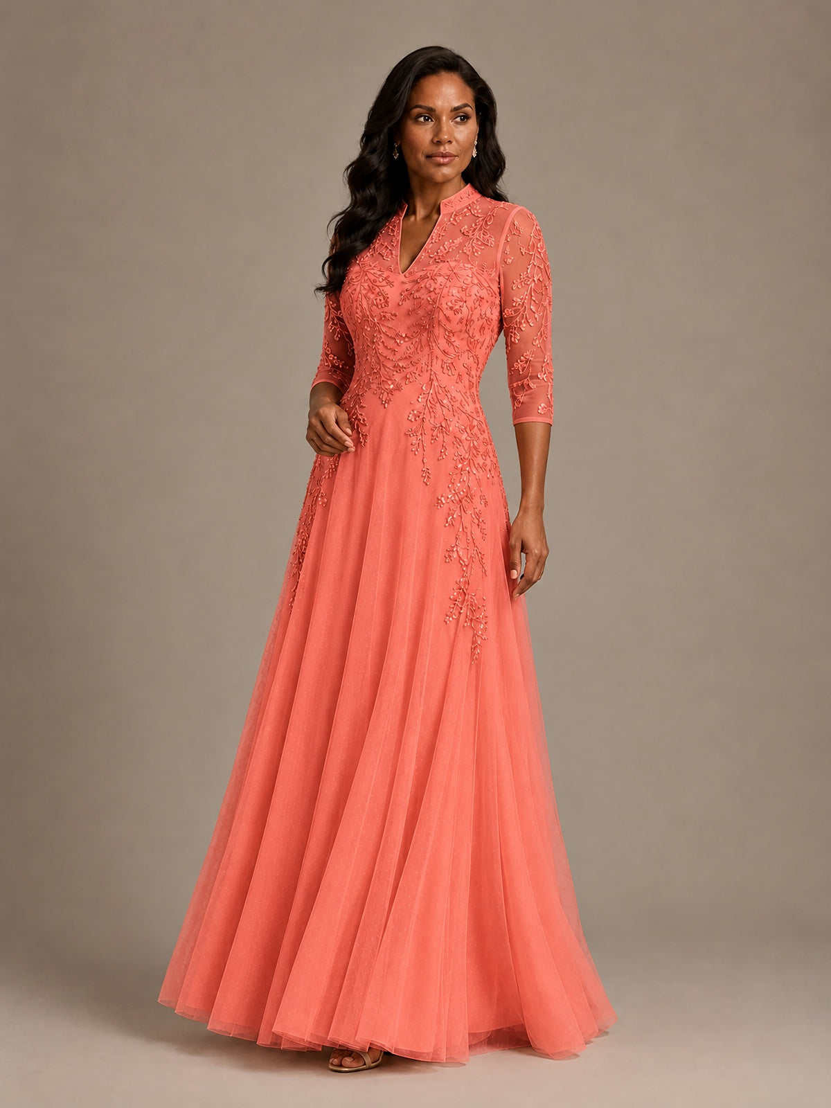 Embellished Appliques Mother of the Bride Dress with 3/4 Sleeves