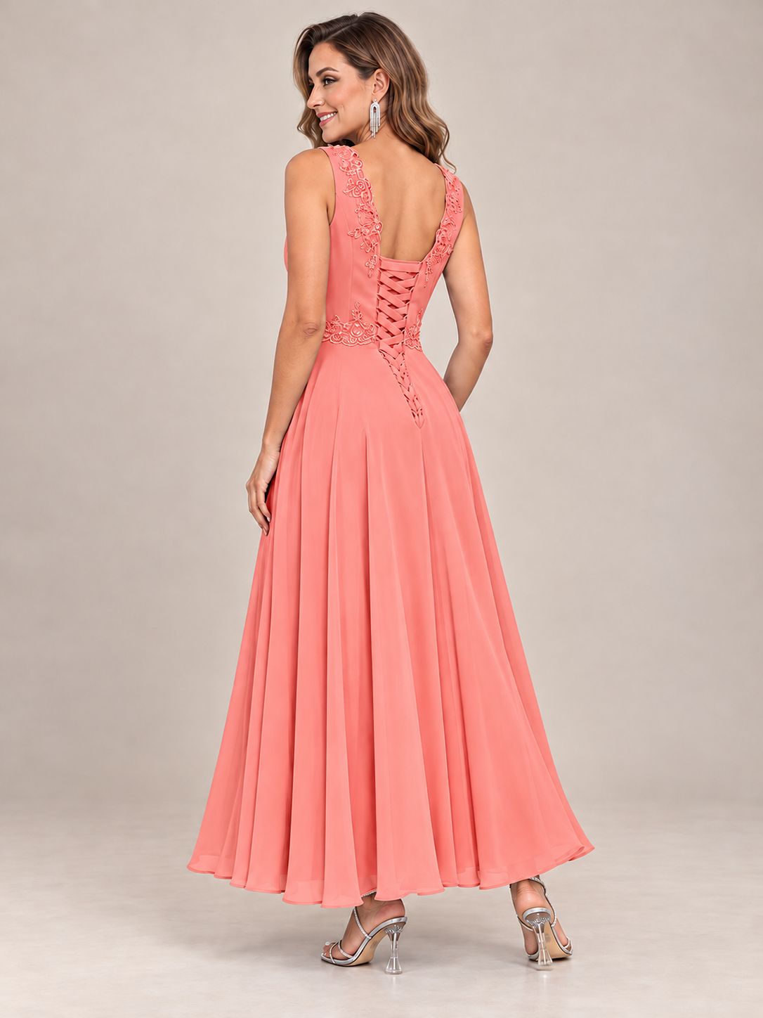 Dusty Blue Floral Lace Chiffon Mother of the Bride Dress with Jacket