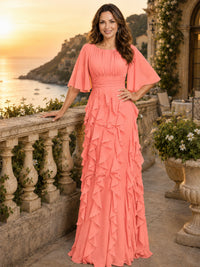 Elegant Chiffon Mother of the Bride Dress with Flutter Sleeves and Ruffle Skirt