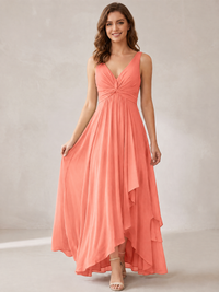 V-Neck High-Low Chiffon Bridesmaid Dress with Ruffles
