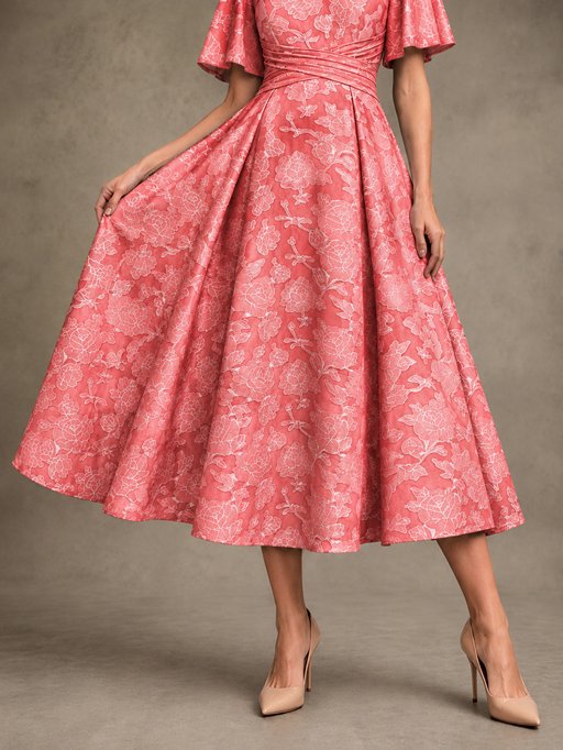V-Neck Floral Jacquard Tea-Length Mother of the Bride Dress