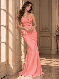 White Strapless Mermaid Maxi Dress with 3D Floral Appliques
