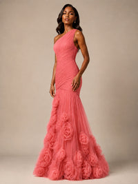 Blush Pink One Shoulder 3D Floral Mermaid Prom Dress