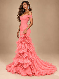 Dusty Blue Off-the-Shoulder Mermaid Prom Dress with 3D Rose & Ruffles