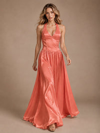 Pink V Neck Halter Satin Maxi Dress