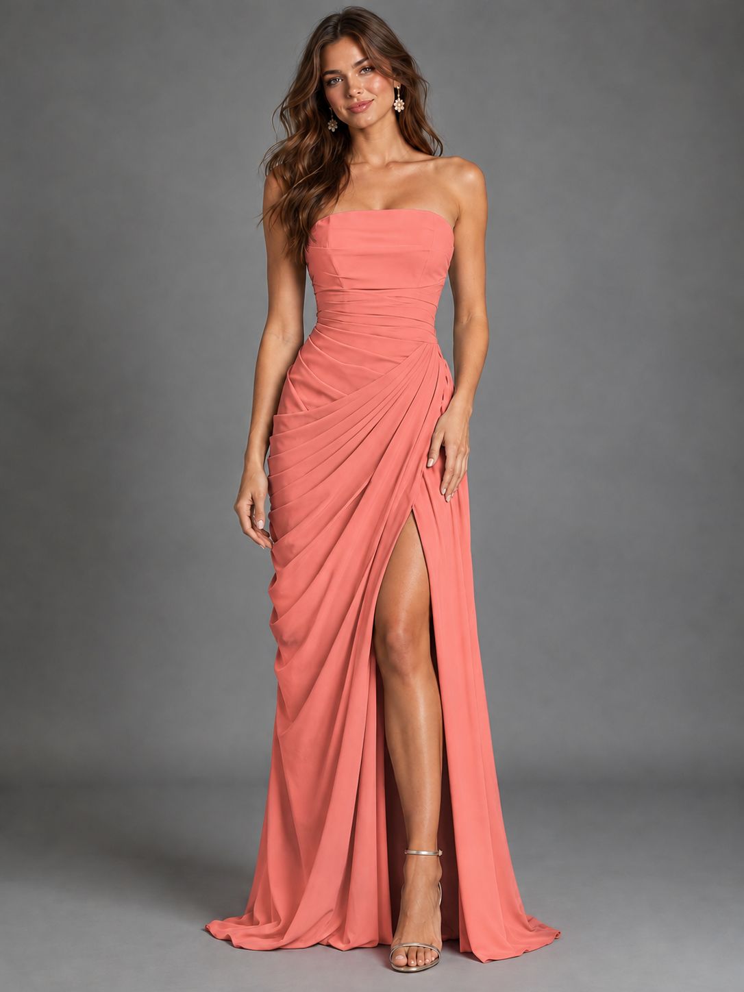Strapless Bodycon Pleated Chiffon Formal Dress with Slit