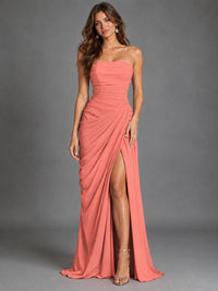 Strapless Bodycon Pleated Chiffon Formal Dress with Slit