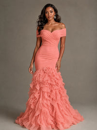 Pink Off-the-Shoulder Mermaid Prom Dress with Ruffles 3D Flowers