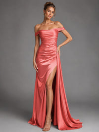 Off Shoulder Satin Maxi Dress with Slit